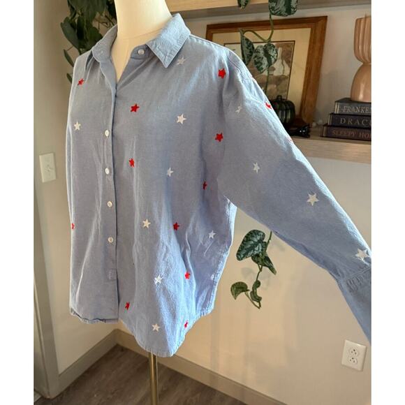 Casey Coleman Blue Chambray Button Down Shirt 1X Embroidered Stars Patriotic - Picture 4 of 8
